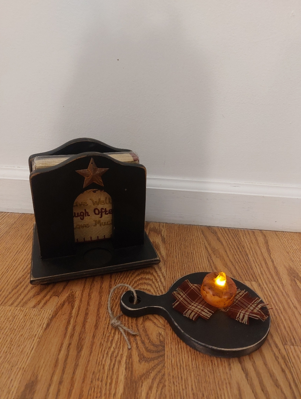 Primitive Black Napkin Holder and Paddle with Plaid Accent